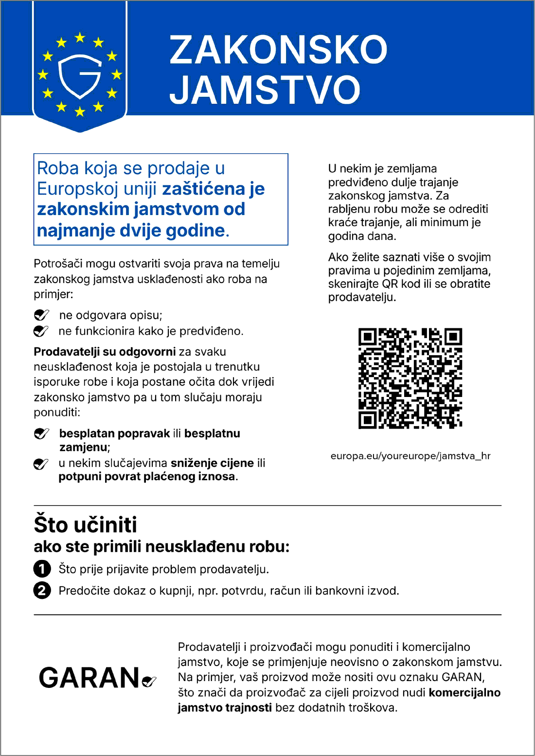 Zakonsko jamstvo o sukladnosti — najmanje dvije godine (EU)